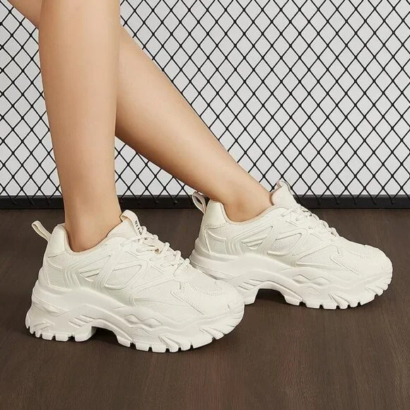 Women Beige Casual Tennis Lace Up Chunky Sneakers Shoes - Picture 6 of 7